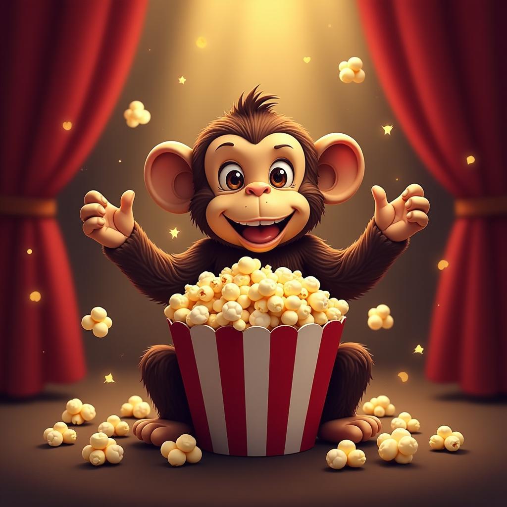  ui logo design, film reel surrounded by popcorn with movie theater backdrop, playful monkey with brown and popcorn yellow light, inspired by movies and entertainment, film reel shape, vector, ultra, hd, art by akihiko yoshida, cinematic cymk background