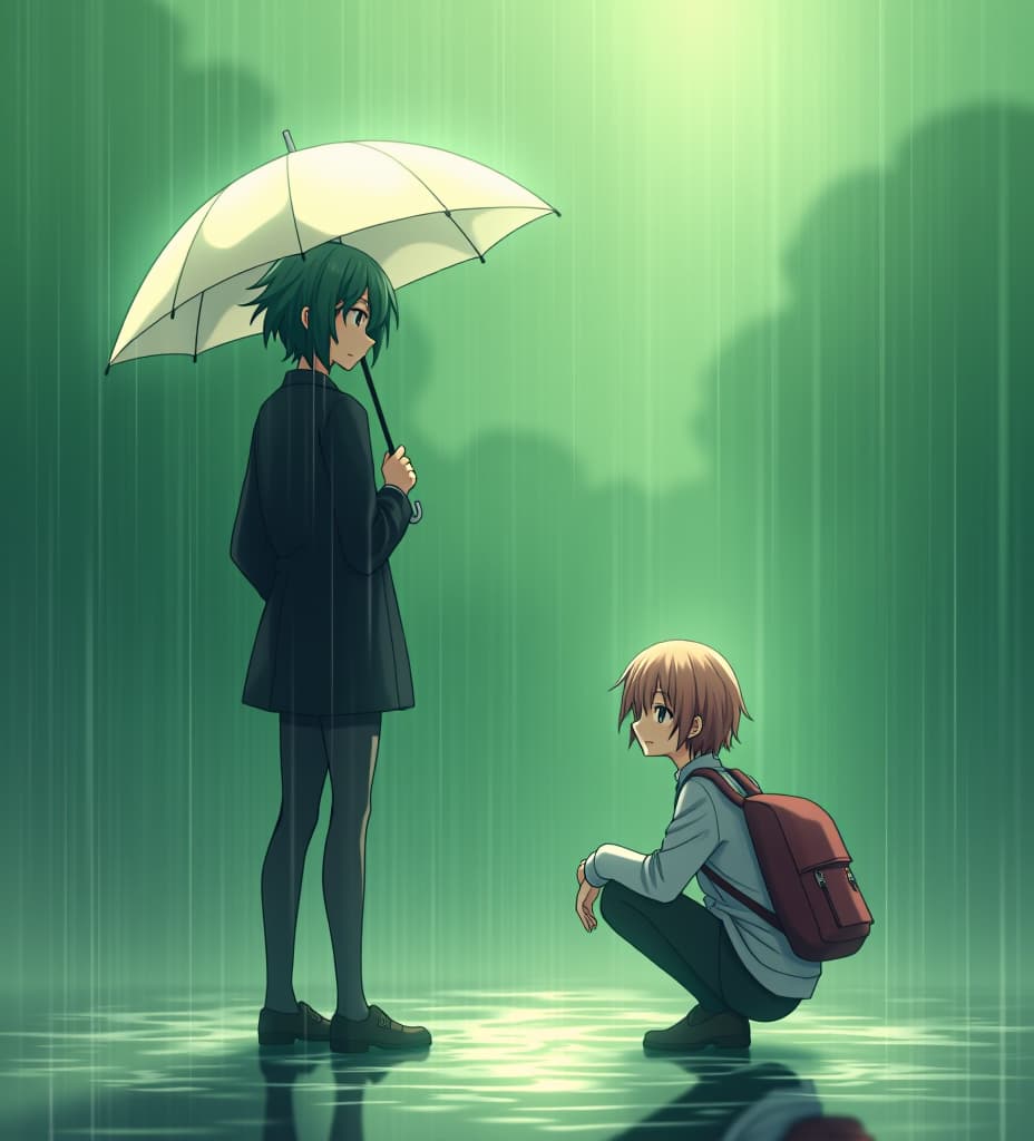  two anime characters in a serene, rainy setting. one character is standing with a white umbrella, wearing a black outfit and looking thoughtfully at the other character who is crouching with a backpack. the background features soft green hues with a slightly blurred effect, giving a dreamy atmosphere. use intricate line work, vibrant colors, and a mix of realism and anime style. add a slight magical aura around the characters to make the scene more whimsical.