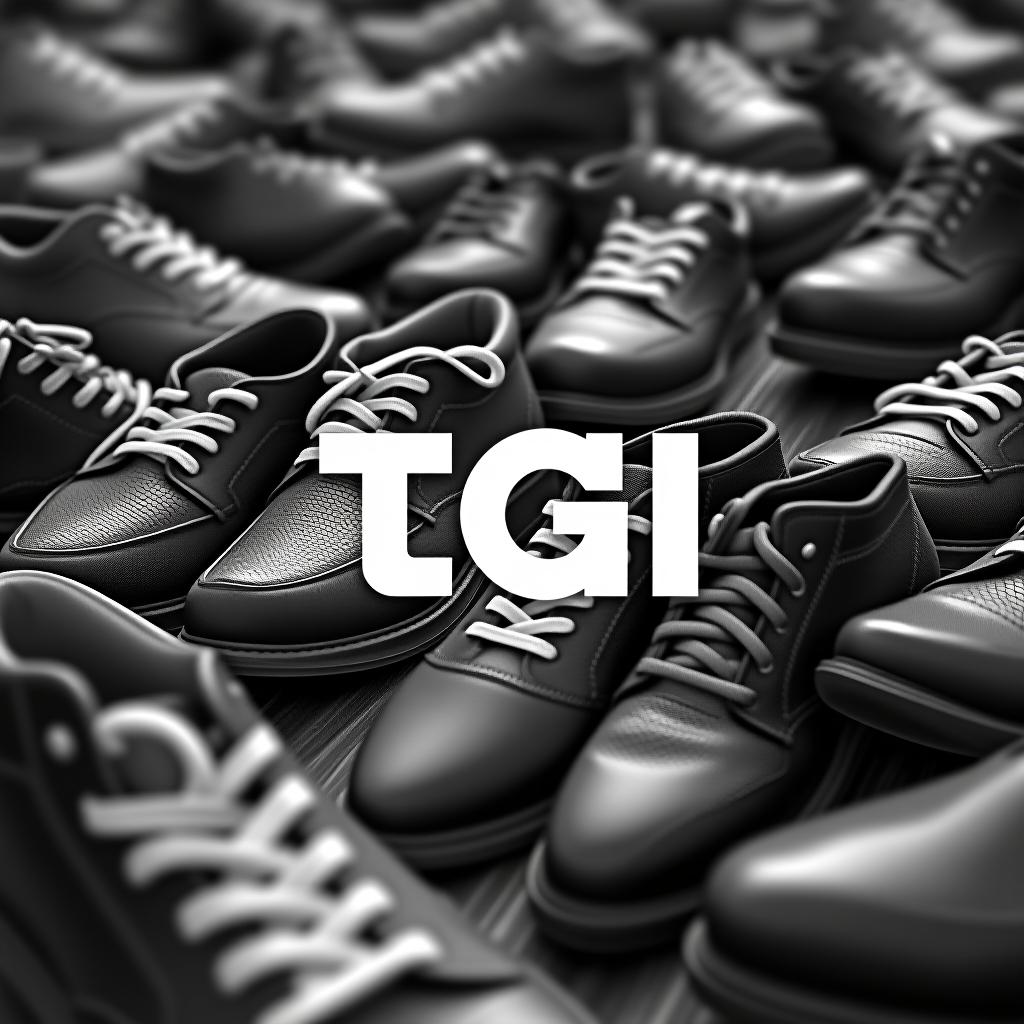  background with a lot of shoes that says tgi, (logo:1.15), black and white, hq, hightly detailed, 4k