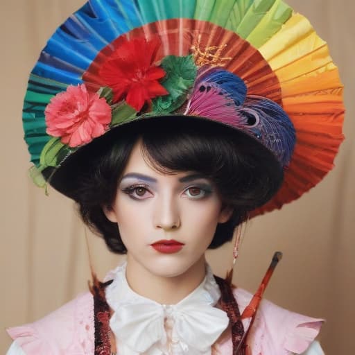 Rainbow twink man in lady wig makeup Cupid’s bow lipstick cowboy top hat and headdress tuxedo with spur whore Elizabethan collar wand parasol peacock dress in the style of Kunisada