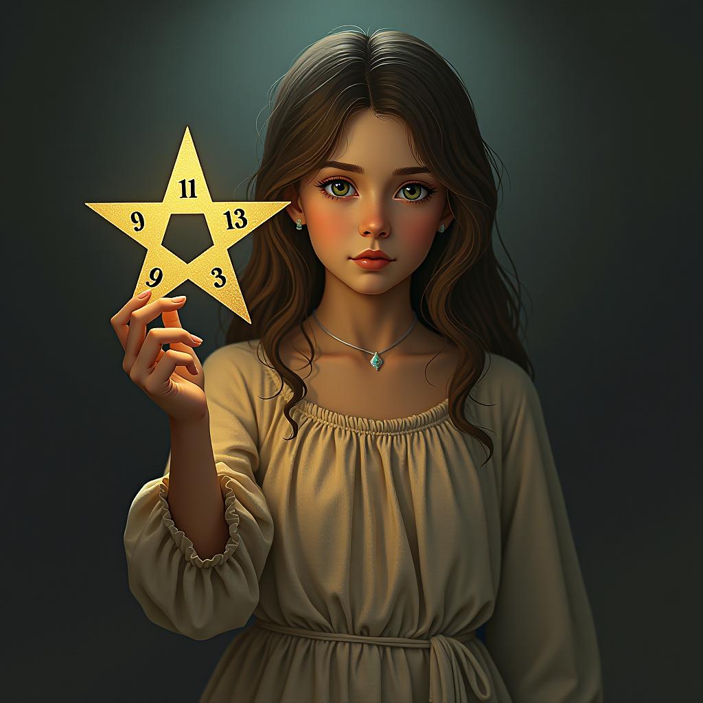  a girl stands with a pentagram in her hand, a five pointed star with numbers.