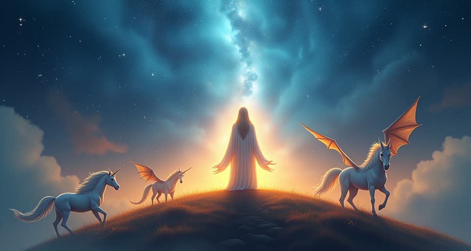  a powerful ethereal being in luminous, flowing robes standing on a glowing hill, majestic unicorns and dragons in the background, under a celestial sky full of stars.. the style is digital art illustration,highly detailed, whimsical,magical, dreamlike atmosphere, realism and fantasy blend, smooth, glossy textures,luminous quality, wonder and enchantment.