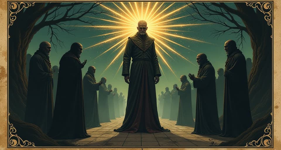  a radiant figure standing firm, surrounded by shadowy figures attempting to grasp it, confusion and misunderstanding in shadow figures' expressions, dim surroundings. an illustration in the style of a worn, mystical old tarot trump card, mysterious and elements of surrealism. the colors are muted, somber and eerie, but with contrast bring out an occult and esoteric vibe.