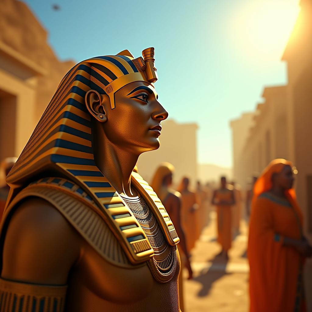  create a high quality, photorealistic image that vividly depicts the following scene: detailed, vibrant scene set in ancient egypt, heat haze in the backdrop, with a golden pharaoh adorned in traditional head attire, relaxed yet regal. servants, their skin gleaming with fresh layers of honey under the scorching sun, set in contrasting dread yet commitment with diligent expressions. the surrounding buzzing with iridescent flies, their constant movement creating a surreal dance in the air. the oversaturated hues of egyptian monuments under the clear blue sky, casting long shadows should add to the dramatic effect. shot with canon eos 5ds, using a wide angle lens, f/2.8, iso 100, 1/200s, 50.6 megapixels, ultra hd, giving a sense of intens hyperrealistic, full body, detailed clothing, highly detailed, cinematic lighting, stunningly beautiful, intricate, sharp focus, f/1. 8, 85mm, (centered image composition), (professionally color graded), ((bright soft diffused light)), volumetric fog, trending on instagram, trending on tumblr, HDR 4K, 8K