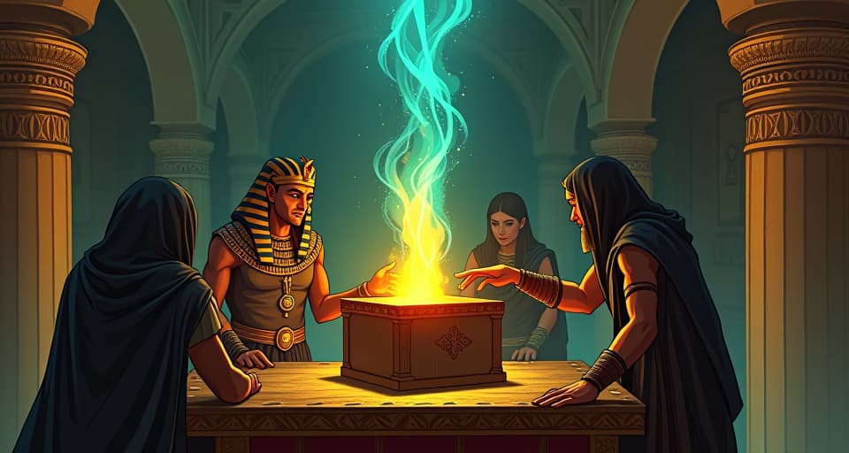  an ancient egyptian marketplace, where figures attempt to fit a glowing, mystical artifact into a box, each effort marred by frustration and limited understanding.. the style is digital art illustration / modern comic book / mysterious occult, symbolic, esoteric vibe,high detail on character design, incorporating ancient egyptian symbology and attire.