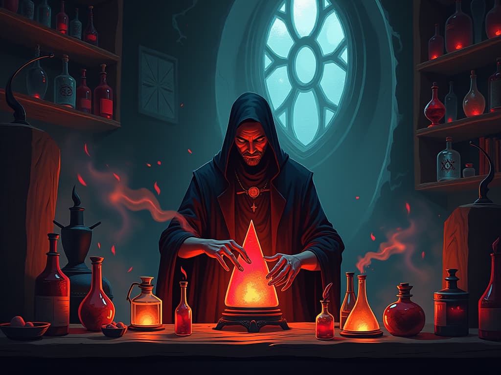  a solitary alchemist in a dimly lit lab, transmuting dark matter into bright crystals, symbols of healing and change carved around, mystical ambiance filled with glowing potions.. the style is dark fantasy and mysterious occult, symbolic, moody lighting, esoteric vibe,high detail on character design. for the color scheme emphasize blacks and reds.