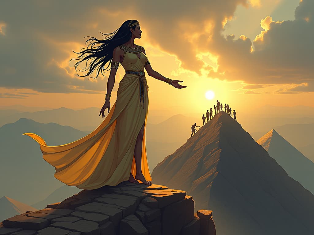  a large busted goddess in a flowing, radiant gown, standing on a mountain peak, her hand outstretched towards a group of people climbing the mountain, symbolizing encouragement and potential. the style is digital art illustration / modern comic book / mysterious occult, symbolic, esoteric vibe,high detail on character design, incorporating ancient egyptian symbology and attire.