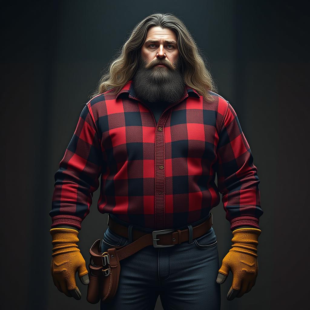  now make a lumberjack 7’5 245 pounds with a red checkered lumberjack sweater with yellowish brown working gloves dark or light jeans with slip on working boots with a dark big bushy beard and bushy long hair make sure it’s realistic and scary in a dark atmosphere and make sure hes tall, lean and scary