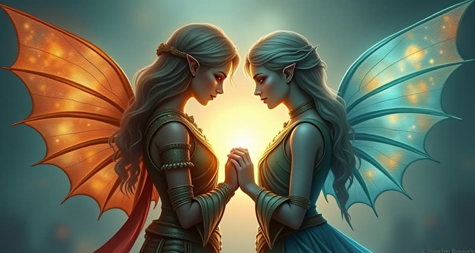  two ethereal warriors, battle worn yet glowing with inner strength, standing close. their clasped hands symbolize an undying bond forged in shared trials.. the style is digital art illustration,highly detailed, whimsical,magical, dreamlike atmosphere, realism and fantasy blend, smooth, glossy textures,luminous quality, wonder and enchantment.