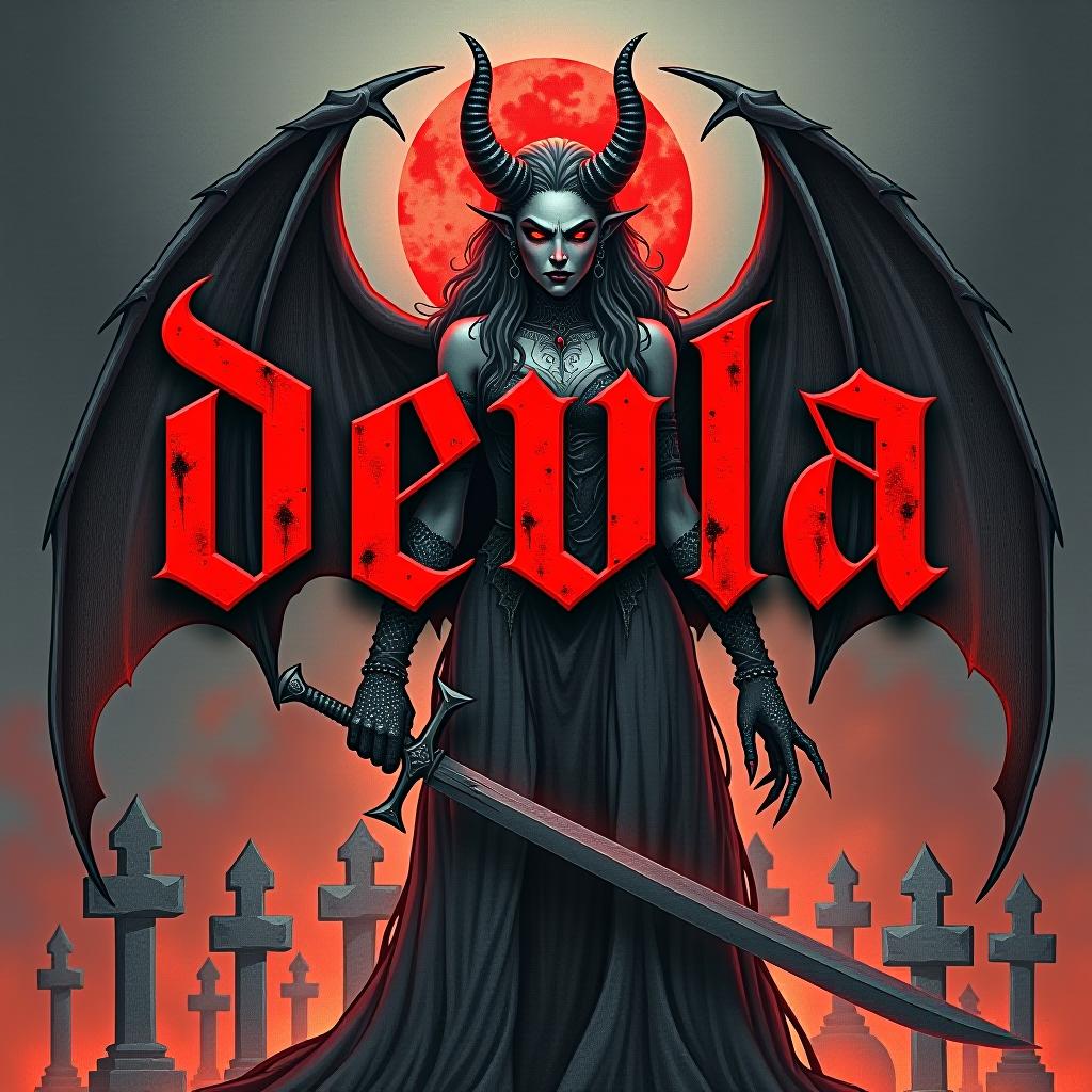  the inscription reads "devla," with the first letter "d" being uppercase, in gothic style and blood red, set against a cemetery background with flames. the inscription is positioned on the figure of the demon lilith, who wields a sword.