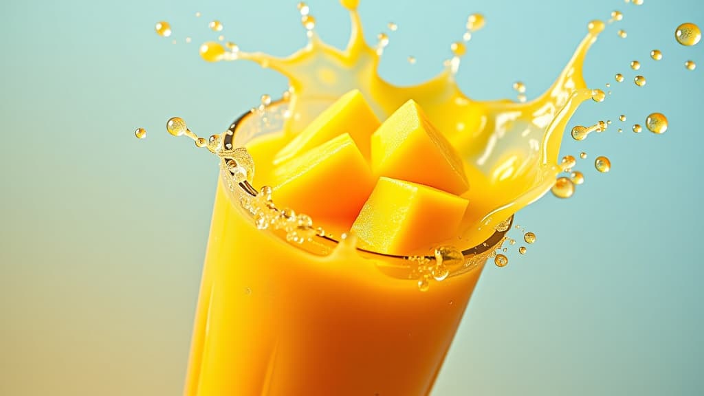  fresh mango pulp and bright juice splash, showing delicious fruits and vitality.