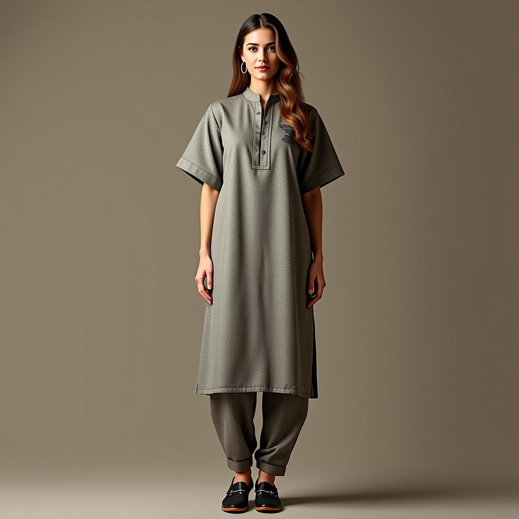  create a high quality image of a full body woman wearing a sherwani in a formal setting, with the following specifications: heavy weight linen fabric with a suede finish, printed with a black pattern (rgb(0,0,0)); relaxed fit; short sleeves; band collar; embroidered logo branding; additional zippers; pose standing straight with a confident look.