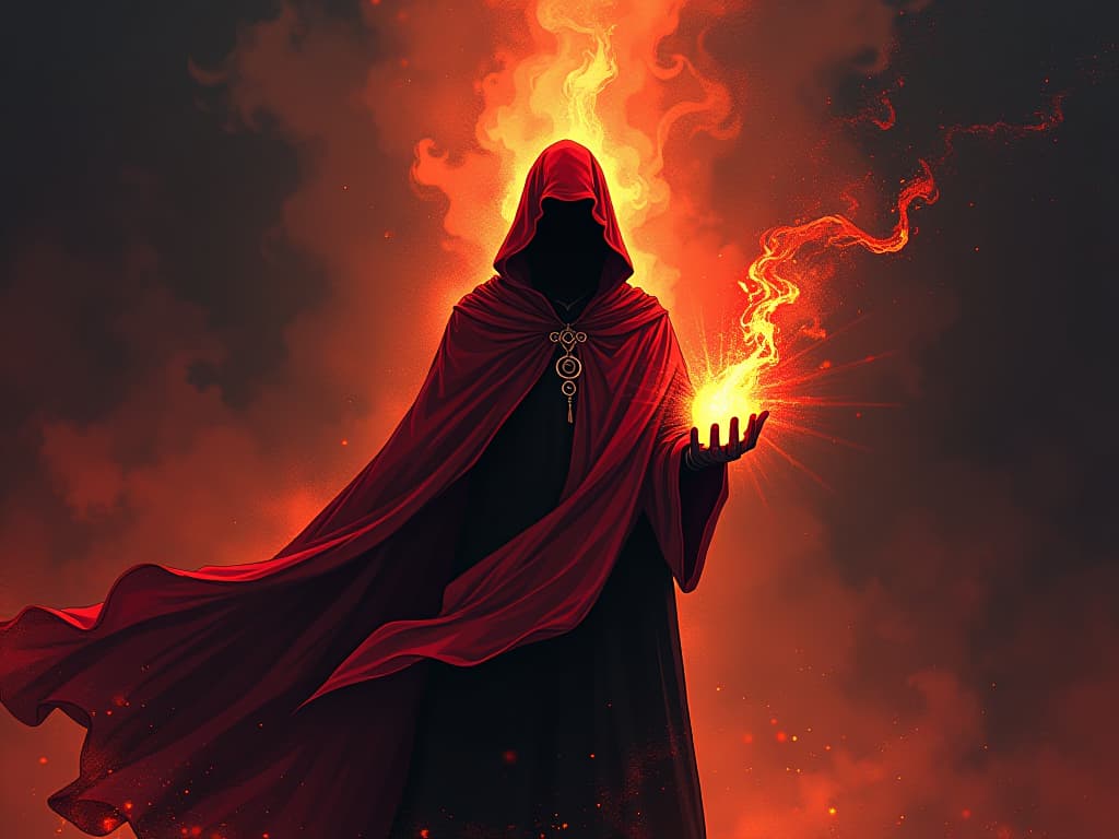  mage in red cloak, casting shadowy artifacts into ethereal fire, radiant future opening, sense of unburdening and renewal. the style is digital art illustration / modern comic book / graphic dark novel fantasy and mysterious occult, symbolic, moody lighting, esoteric vibe,high detail on character design. for the color scheme emphasize blacks and reds.