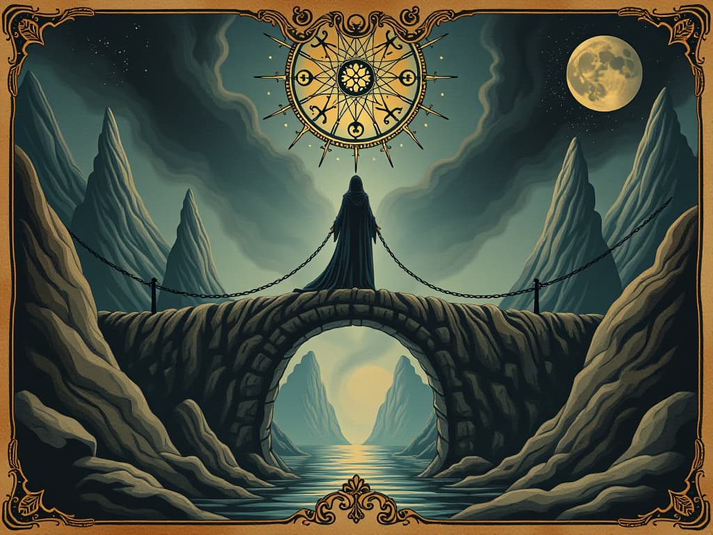  bridge between worlds, celestial symbols, ethereal backdrop, unraveling mysteries. an illustration in the style of a worn, mystical old tarot trump card, mysterious and elements of surrealism. the colors are muted, somber and eerie, but with contrast bring out an occult and esoteric vibe.