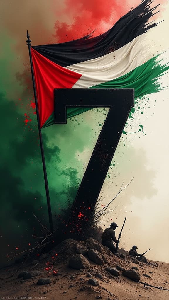  a striking artistic composition depicts the date "october 7" prominently, symbolizing a significant battle. in the background, a vibrant representation of the palestinian flag gracefully flows, seamlessly blending with the scene. the atmosphere is charged with emotion and history, with abstract elements that evoke a sense of struggle and resilience, using deep greens, blacks, reds, and whites to reflect the flag's colors while maintaining a dynamic and artistic flair.