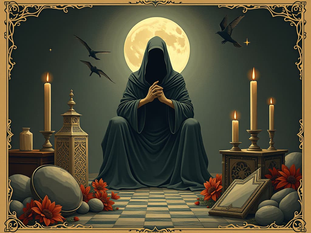  figure surrounded by relics of old, contemplative stance, sense of purpose, sacred relics casting a soft glow, timeless atmosphere. an illustration in the style of a worn, mystical old tarot trump card, mysterious and elements of surrealism. the colors are muted, somber and eerie, but with contrast bring out an occult and esoteric vibe.