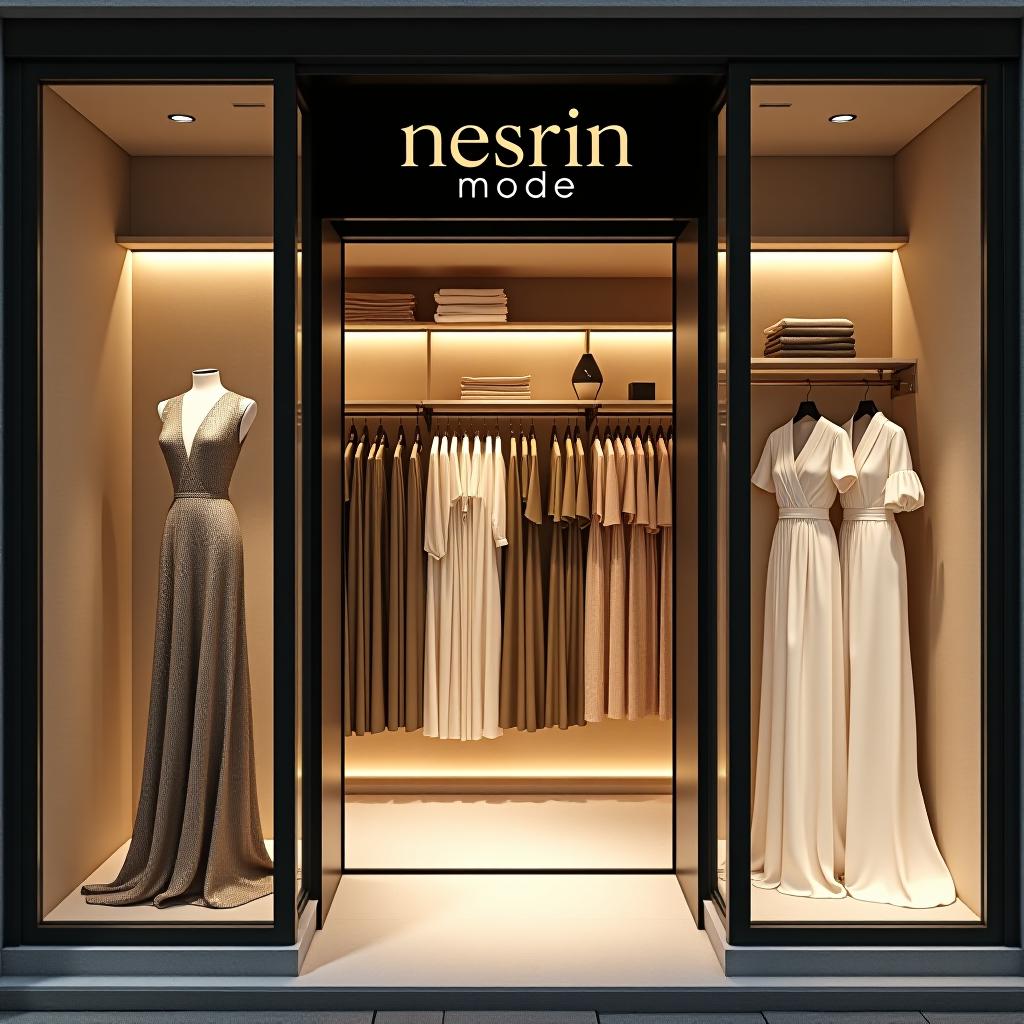  design a logo, in a realism style. erstelle mir ein logo für ein kleider laden elegant aber auffällig mit kleider haute couture mit dem namen beige und weiß , with the text 'nesrin mode '.