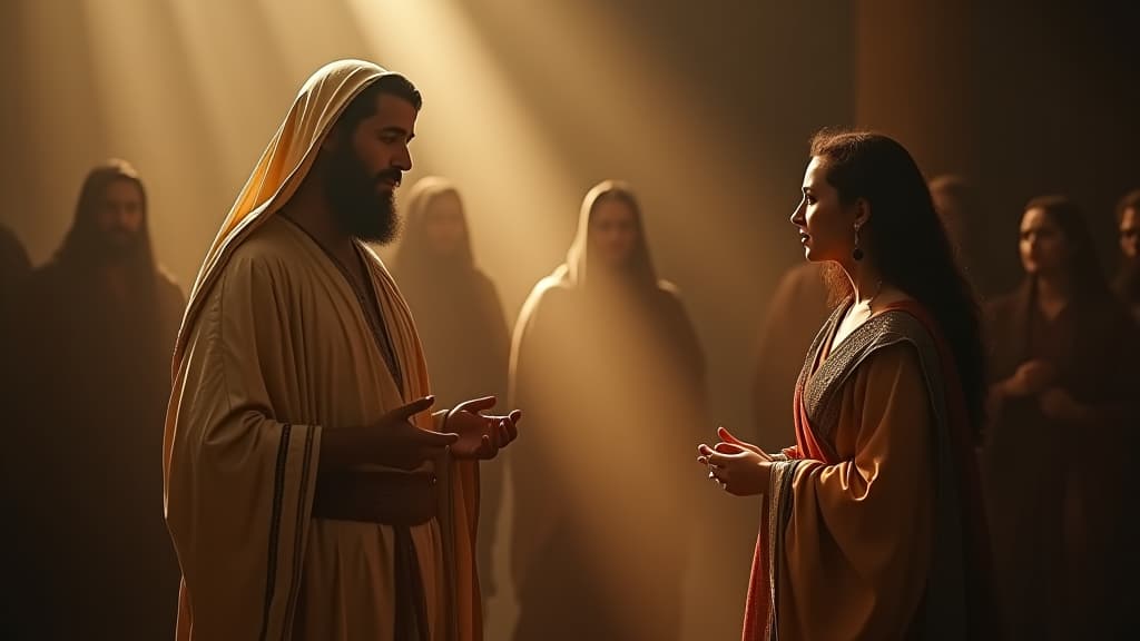  history of biblical times, the servant explaining his mission to rebecca's family, a blend of hope and respect. hyperrealistic, full body, detailed clothing, highly detailed, cinematic lighting, stunningly beautiful, intricate, sharp focus, f/1. 8, 85mm, (centered image composition), (professionally color graded), ((bright soft diffused light)), volumetric fog, trending on instagram, trending on tumblr, HDR 4K, 8K