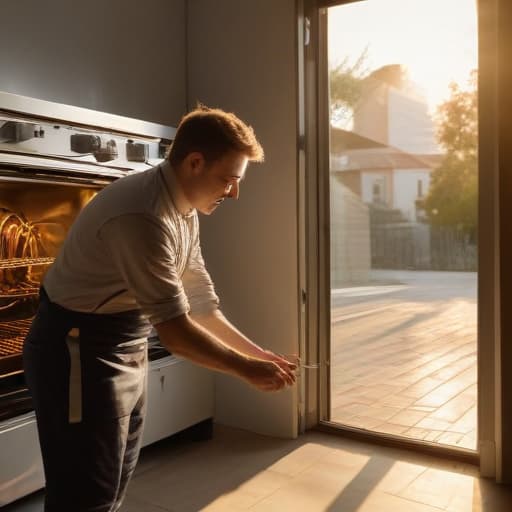 A photo of a skilled technician meticulously connecting the electric cables of a newly installed oven in a modern kitchen showroom during late afternoon, basking in the warm golden glow of the setting sun that streams through large windows, creating a beautiful play of light and shadows on the gleaming surfaces.