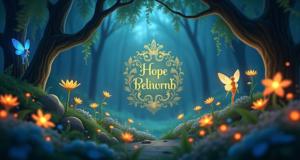  an enchanting fairy forest, luminous with bioluminescent plants and ethereal creatures. in the center, a beautifully adorned invitation card glows softly, representing the hope for belonging at a gathering.. the style is digital art illustration,highly detailed, whimsical,magical, dreamlike atmosphere, realism and fantasy blend, smooth, glossy textures,luminous quality, wonder and enchantment.