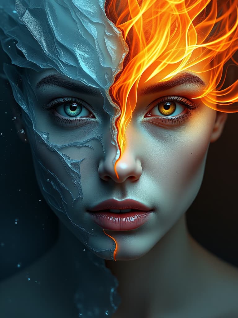  surrealist art masterpiece,oil painting, yin and yang, ice and flame, two halves of the face one of ice, the other of fire, close up, high detail, high resolution, detailed skin, detailed eyes, detailed background, deep sharpness, dynamic pose, hyperrealism, lots of small details, perfect composition and perspective. . dreamlike, mysterious, provocative, symbolic, intricate, detailed hyperrealistic, full body, detailed clothing, highly detailed, cinematic lighting, stunningly beautiful, intricate, sharp focus, f/1. 8, 85mm, (centered image composition), (professionally color graded), ((bright soft diffused light)), volumetric fog, trending on instagram, trending on tumblr, HDR 4K, 8K