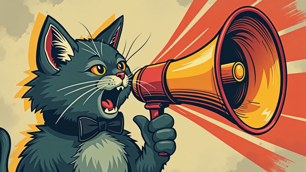  playful graphic art of a cat shouting into a megaphone, styled with vintage textures and bold pop art colors. stylish modern loudspeaker announcing crazy promotions.