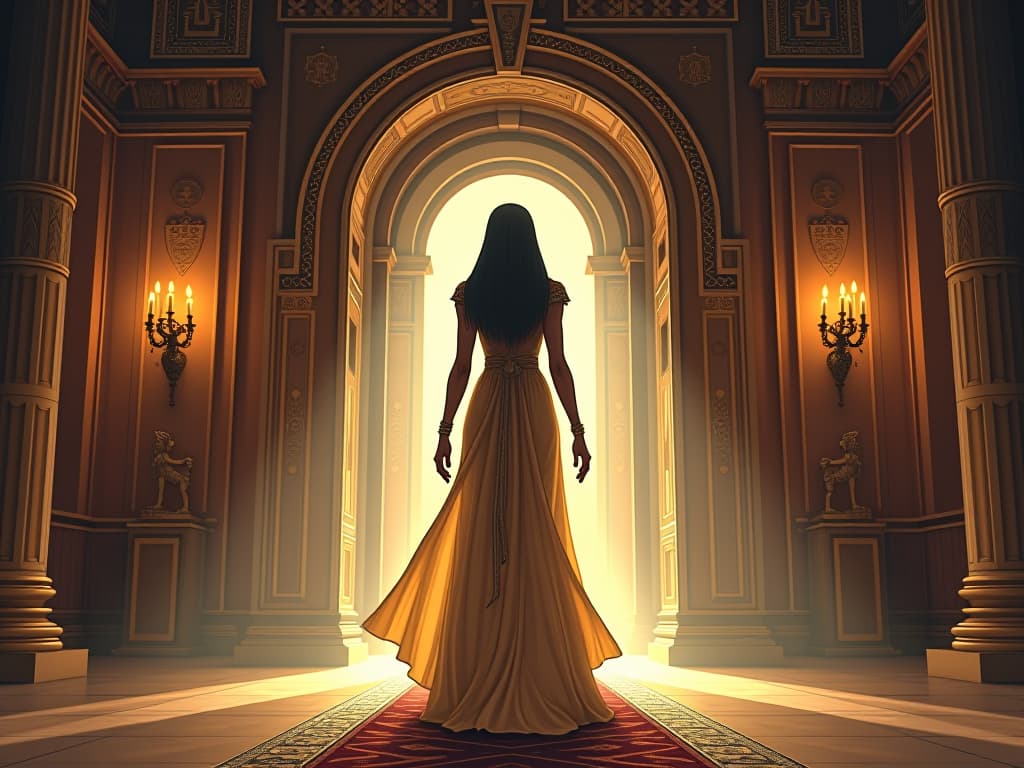  a majestic entrance to a grand hall, filled with ancient egyptian decorations, a large busted priestess in a shimmering gown stepping in, the atmosphere visibly changing, symbolizing a significant presence. the style is digital art illustration / modern comic book / mysterious occult, symbolic, esoteric vibe,high detail on character design, incorporating ancient egyptian symbology and attire.