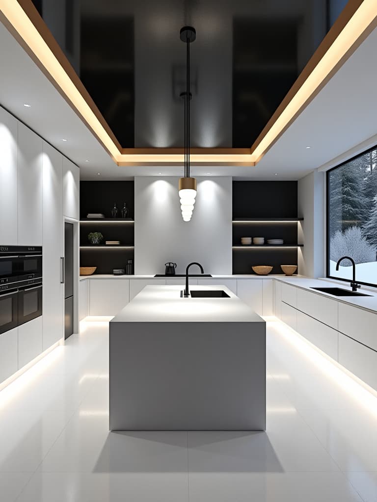  high quality portrait photo of a sleek white kitchen with a dramatic black ceiling, pendant lights, and a large center island with waterfall edges, viewed from a high angle hyperrealistic, full body, detailed clothing, highly detailed, cinematic lighting, stunningly beautiful, intricate, sharp focus, f/1. 8, 85mm, (centered image composition), (professionally color graded), ((bright soft diffused light)), volumetric fog, trending on instagram, trending on tumblr, HDR 4K, 8K