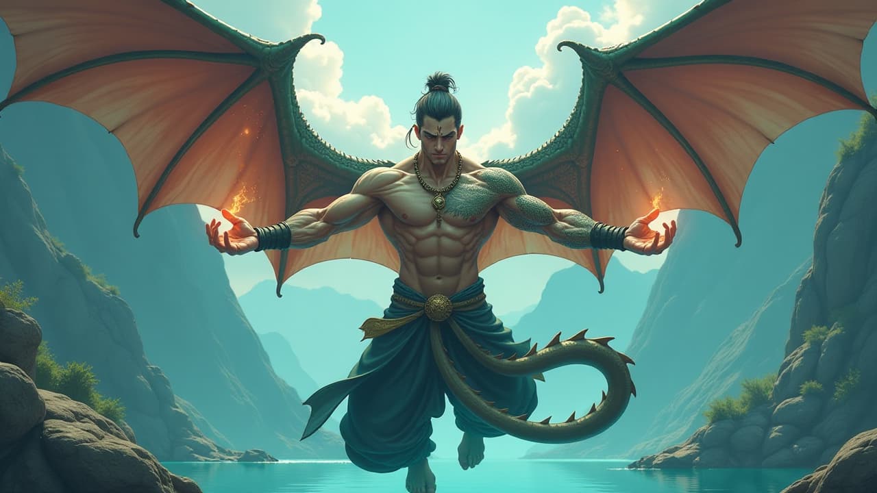  anime, anime sytle, anime image, cartoon, real cartoon, real anime, charming and ripped male monk with dragon wings and dragonscale skin floating above lake while arms stretching wide emitting orbs