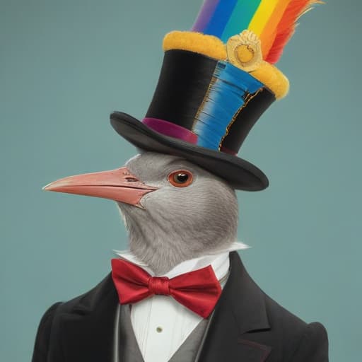 Rainbow gragqueenmagician’s top hat and headdress tuxedo with doves high Elizabethan collar wand paraso, cartoon, full of colour, disney, sharp focus, illustration, 50's cartoons, norman rockwell