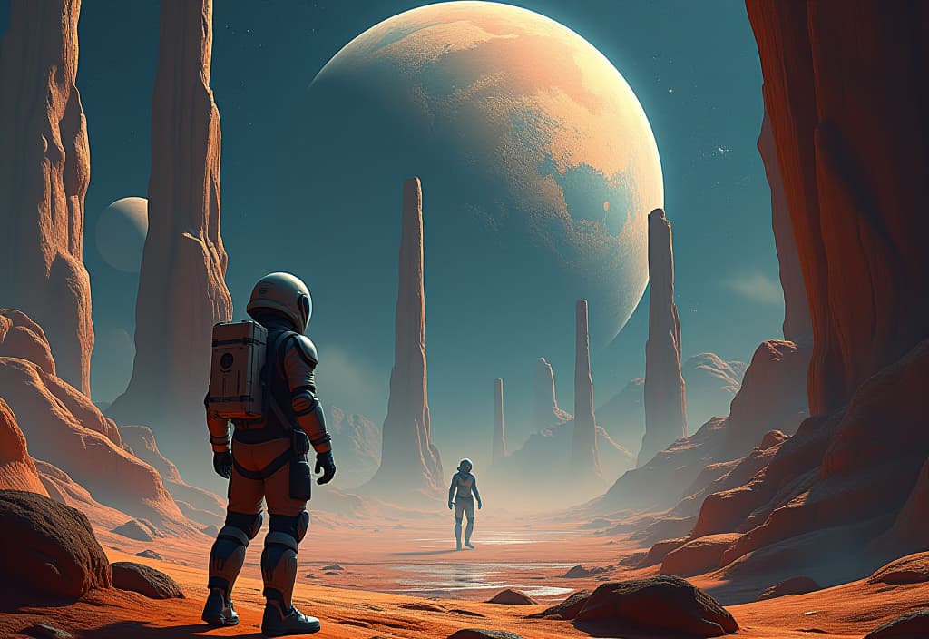  space themed (masterpiece, oil painting:1. 2), (ruins of an ancient spaceport on venus, futuristic mysterious structures:1.4), cyborg in spacesuit in foreground, cinematic style, dynamic perspective from below, (intense close up:1. 2), jim burns style, high detail, high resolution, increased attention to fine detail, ttrend on artstations . cosmic, celestial, stars, galaxies, nebulas, planets, science fiction, highly detailed hyperrealistic, full body, detailed clothing, highly detailed, cinematic lighting, stunningly beautiful, intricate, sharp focus, f/1. 8, 85mm, (centered image composition), (professionally color graded), ((bright soft diffused light)), volumetric fog, trending on instagram, trending on tumblr, HDR 4K, 8K