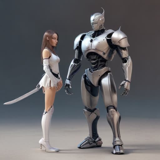 Robot holding a sword, standing with a beautiful girl