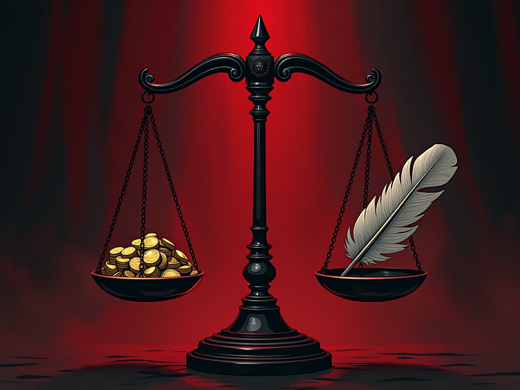  scales of justice, one side heavy with gold, other side with feather, symbol of rejecting unethical gifts. the style is digital art illustration / modern comic book / graphic dark novel fantasy and mysterious occult, symbolic, moody lighting, esoteric vibe,high detail on character design. for the color scheme emphasize blacks and reds.