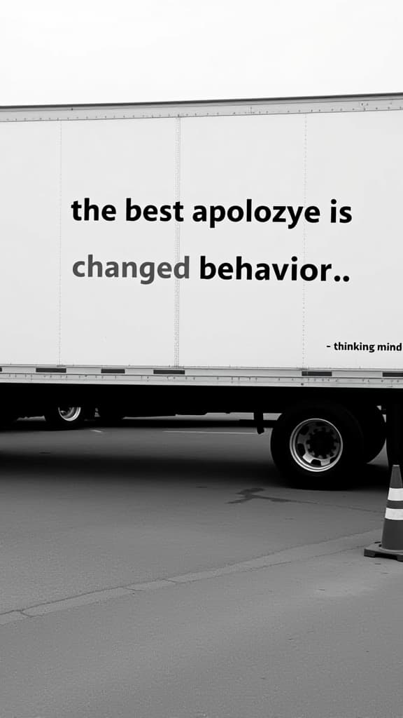  the image shows the side of a large truck, likely a moving truck or a delivery vehicle, with a message written on it in bold, uppercase black letters. the text reads: "the best apology is changed behavior." below this main text, in smaller, uppercase letters, there is a phrase that reads: "thinking minds." the photo is in black and white, and the truck is parked in an outdoor setting. there is another truck visible in the background, partially obscured by the first one. in the foreground, there is a traffic cone on the ground. the overall atmosphere is calm and neutral, with a focus on the message displayed on the truck.