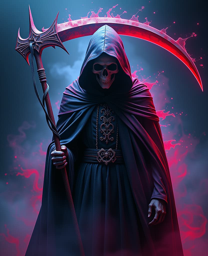  splash art, portrait of the grim reaper, black cape, skull, scythe, vibrant surreal colours, reds, purples, blues, pinks hyperrealistic, full body, detailed clothing, highly detailed, cinematic lighting, stunningly beautiful, intricate, sharp focus, f/1. 8, 85mm, (centered image composition), (professionally color graded), ((bright soft diffused light)), volumetric fog, trending on instagram, trending on tumblr, HDR 4K, 8K