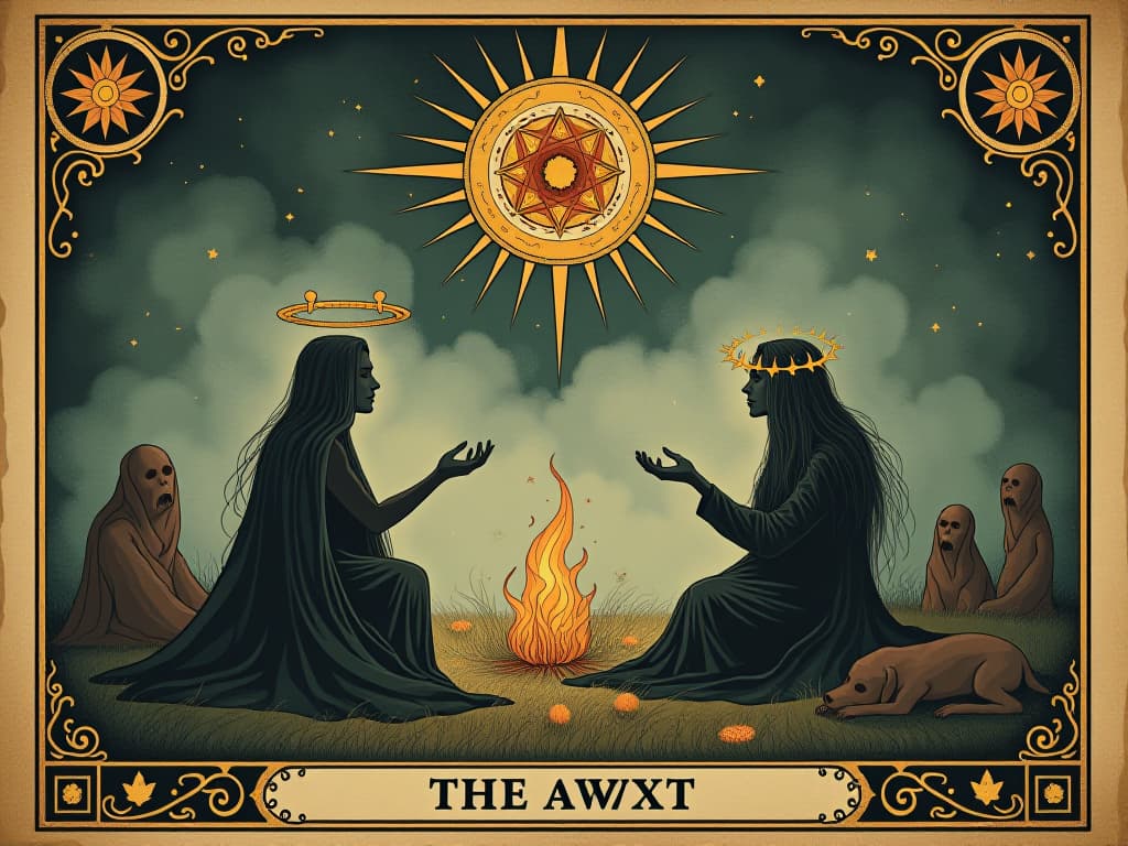  person, celestial conversation, active participation, ethereal symbols around, sense of engagement. an illustration in the style of a worn, mystical old tarot trump card, mysterious and elements of surrealism. the colors are muted, somber and eerie, but with contrast bring out an occult and esoteric vibe.