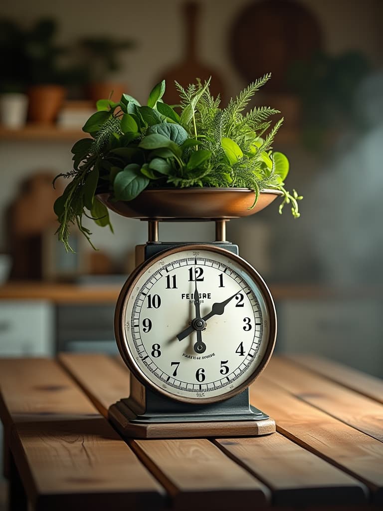  high quality portrait photo of a vintage inspired kitchen scale repurposed as a planter, filled with herbs and placed on a rustic wooden kitchen island hyperrealistic, full body, detailed clothing, highly detailed, cinematic lighting, stunningly beautiful, intricate, sharp focus, f/1. 8, 85mm, (centered image composition), (professionally color graded), ((bright soft diffused light)), volumetric fog, trending on instagram, trending on tumblr, HDR 4K, 8K