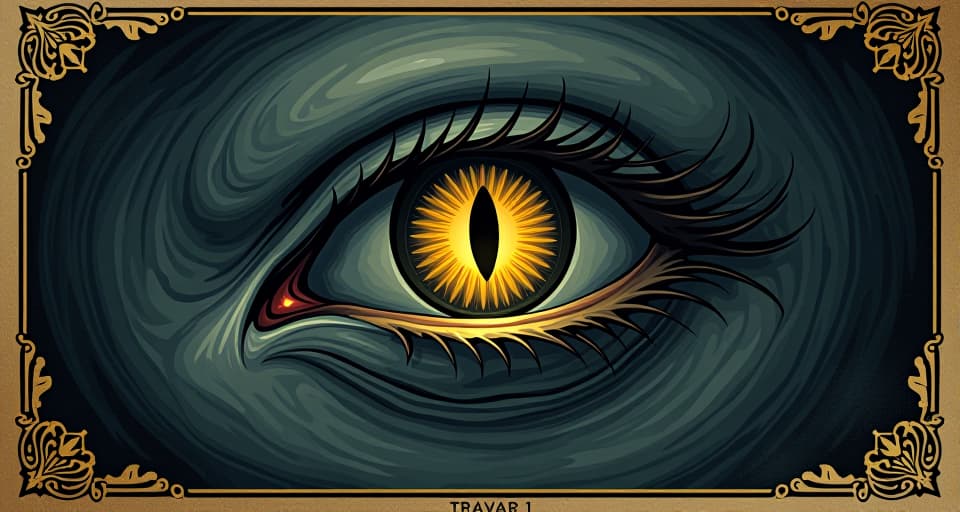  a watchful eye, glowing golden iris, set in a backdrop of swirling shadows, atmosphere of keen perception, alert, vigilant. an illustration in the style of a worn, mystical old tarot trump card, mysterious and elements of surrealism. the colors are muted, somber and eerie, but with contrast bring out an occult and esoteric vibe.