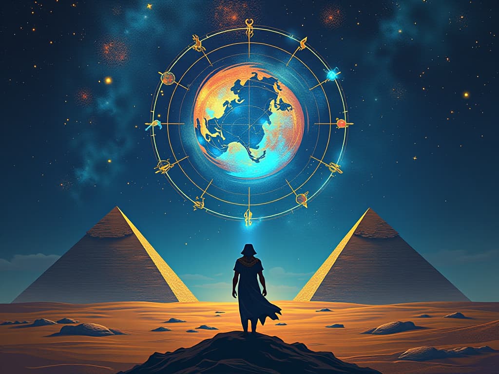  night sky filled with swirling cosmic energies, constellations aligning perfectly over the pyramids, atmosphere of cosmic intervention and guidance. the style is digital art illustration / modern comic book / mysterious occult, symbolic, esoteric vibe,high detail on character design, incorporating ancient egyptian symbology and attire.