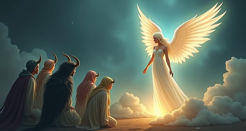  a group of subdued magical beings, reluctantly bowing to an ethereal angel. the angel's presence is commanding, indicating that those who once opposed her are now compelled to follow.. the style is digital art illustration,highly detailed, whimsical,magical, dreamlike atmosphere, realism and fantasy blend, smooth, glossy textures,luminous quality, wonder and enchantment.