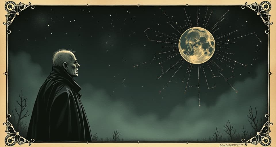  a mysterious character observing the repeated appearance of a peculiar constellation, expressions of realization and confirmation, night sky rich with stars, intense, inquisitive. an illustration in the style of a worn, mystical old tarot trump card, mysterious and elements of surrealism. the colors are muted, somber and eerie, but with contrast bring out an occult and esoteric vibe.