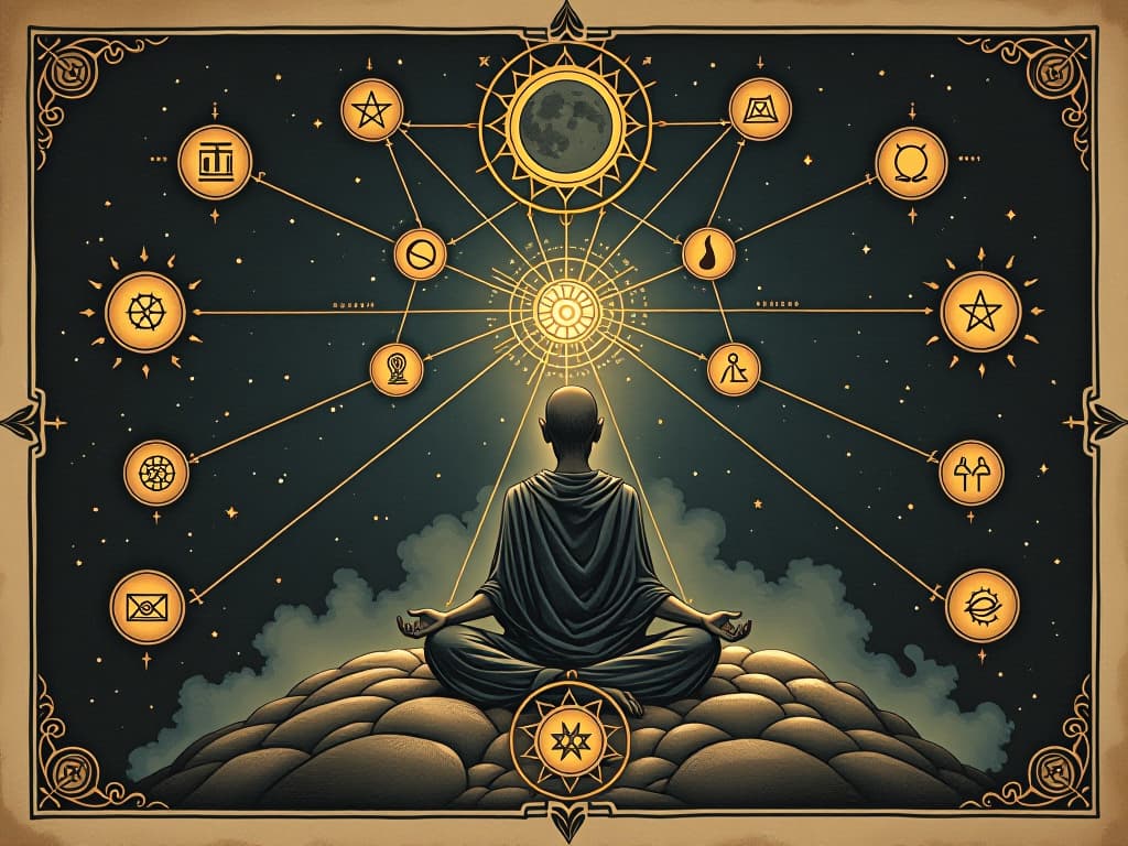  an interconnected web of glowing symbols and cosmic energies, aligning with a meditative figure, harmony with universal scheme, spiritual. an illustration in the style of a worn, mystical old tarot trump card, mysterious and elements of surrealism. the colors are muted, somber and eerie, but with contrast bring out an occult and esoteric vibe.