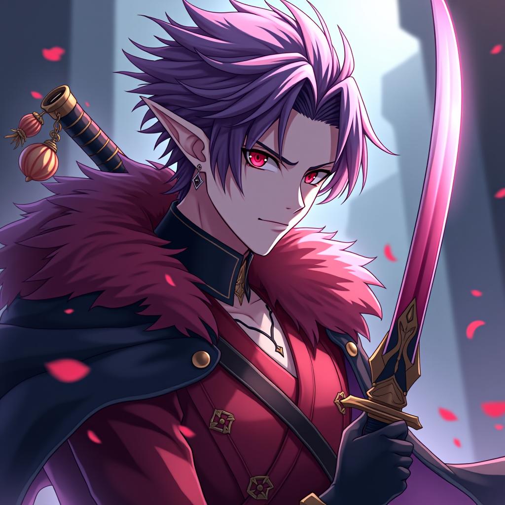  anime artwork a dark elf male pirate holding in his right hand a katana with a guard in the shape of a rose flower from the bud of which the blade comes out, his face is turned straight marble white skin, purple scarlet hair, lavender eyes with a red tint, dressed in a red violet shirt embroidered with red gold over the shirt wears a leather coat with a fur collar of dark scarlet colors,hairstyle in the style of hedgehog hair. an earring in the ear, in the shape of a month. the crescent moon tattoo . anime style, key visual, vibrant, studio anime, highly detailed hyperrealistic, full body, detailed clothing, highly detailed, cinematic lighting, stunningly beautiful, intricate, sharp focus, f/1. 8, 85mm, (centered image composition), (professionally color graded), ((bright soft diffused light)), volumetric fog, trending on instagram, trending on tumblr, HDR 4K, 8K