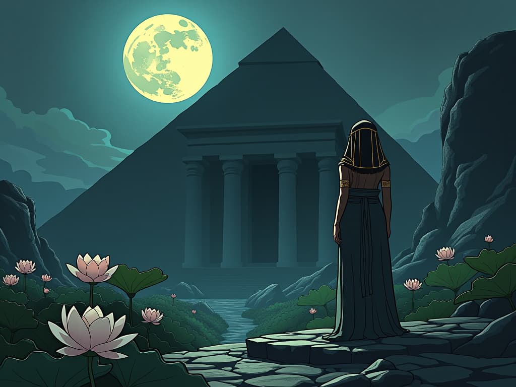  ancient egyptian temple under a full moon, lotus flowers blooming, tranquil atmosphere. the style is digital art illustration / modern comic book / mysterious occult, symbolic, esoteric vibe,high detail on character design, incorporating ancient egyptian symbology and attire.