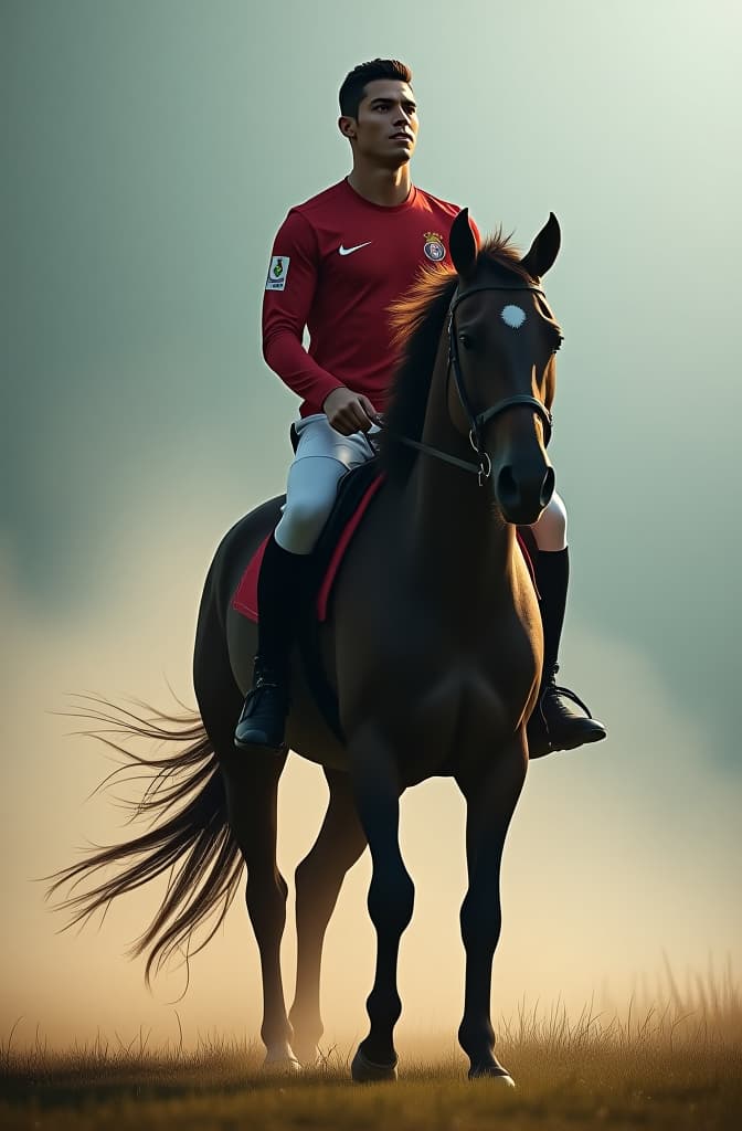  create an image of ronaldo on top of a horse hyperrealistic, full body, detailed clothing, highly detailed, cinematic lighting, stunningly beautiful, intricate, sharp focus, f/1. 8, 85mm, (centered image composition), (professionally color graded), ((bright soft diffused light)), volumetric fog, trending on instagram, trending on tumblr, HDR 4K, 8K