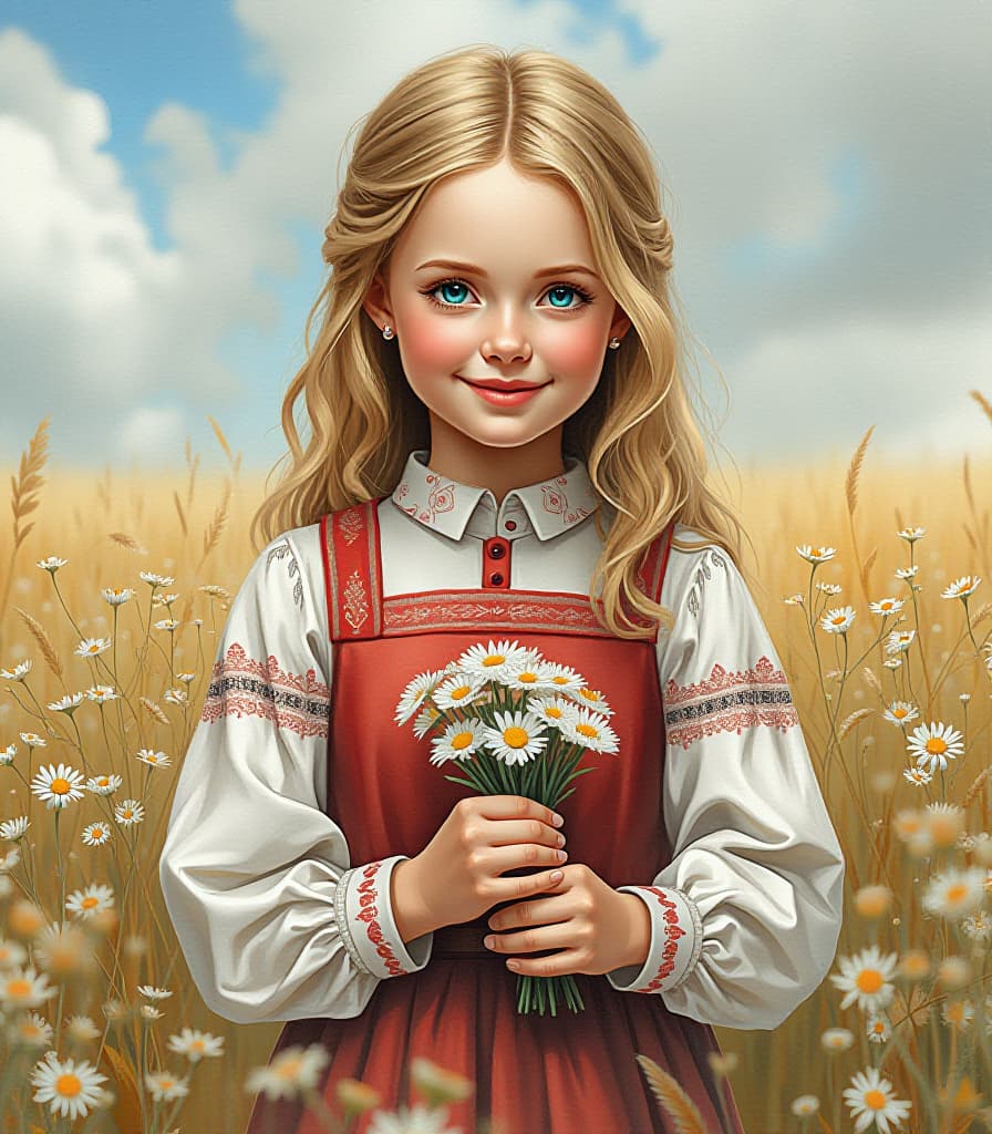  surrealist art painting. painting with watercolor. (indian summer. beautiful blonde girl in russian national dress, smiling, holding in her hands daisies field small, pharmacopoeial, a small bouquet:1.5). watercolor style by sergei andriyaki. high detail, high definition, high resolution. leaks. spots. . dreamlike, mysterious, provocative, symbolic, intricate, detailed