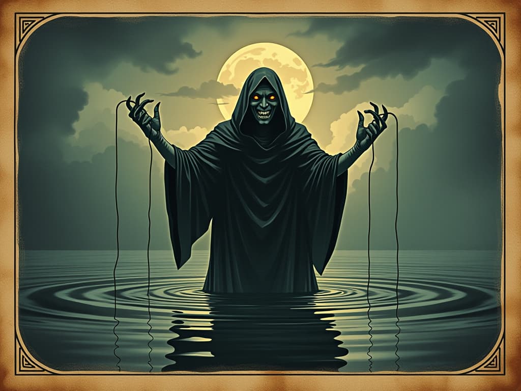  an individual casting lines into dark, still waters, sinister smile, multiple hooks on lines, waters reflecting a stormy sky, foreboding, maleficent. an illustration in the style of a worn, mystical old tarot trump card, mysterious and elements of surrealism. the colors are muted, somber and eerie, but with contrast bring out an occult and esoteric vibe.