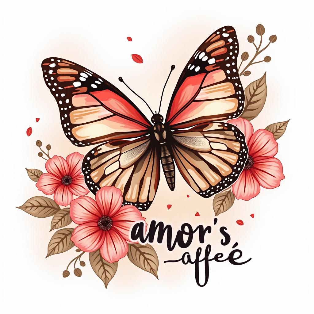  design a logo, diseño de pegatina personalizada en un fondo blanco aislado decorado con mariposa en acuarela, con el texto ‘amor’, with the text 'dulce’s café '.