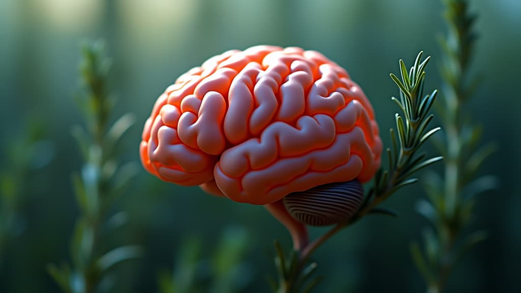  scenes about health and fitness, a close up image of a human brain with rosemary plants in the background, symbolizing cognitive benefits. hyperrealistic, full body, detailed clothing, highly detailed, cinematic lighting, stunningly beautiful, intricate, sharp focus, f/1. 8, 85mm, (centered image composition), (professionally color graded), ((bright soft diffused light)), volumetric fog, trending on instagram, trending on tumblr, HDR 4K, 8K