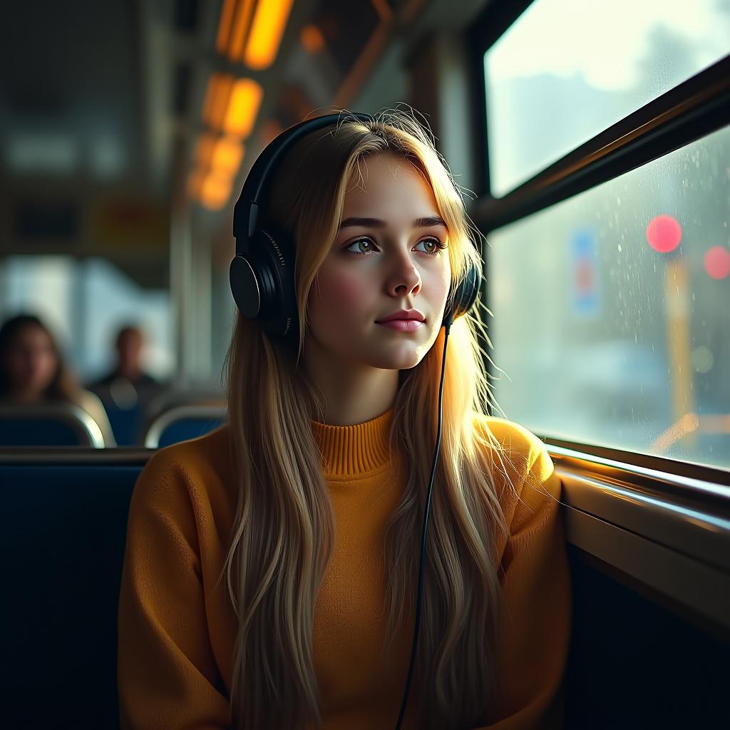  the girl is listening to music on the bus. hyperrealistic, full body, detailed clothing, highly detailed, cinematic lighting, stunningly beautiful, intricate, sharp focus, f/1. 8, 85mm, (centered image composition), (professionally color graded), ((bright soft diffused light)), volumetric fog, trending on instagram, trending on tumblr, HDR 4K, 8K